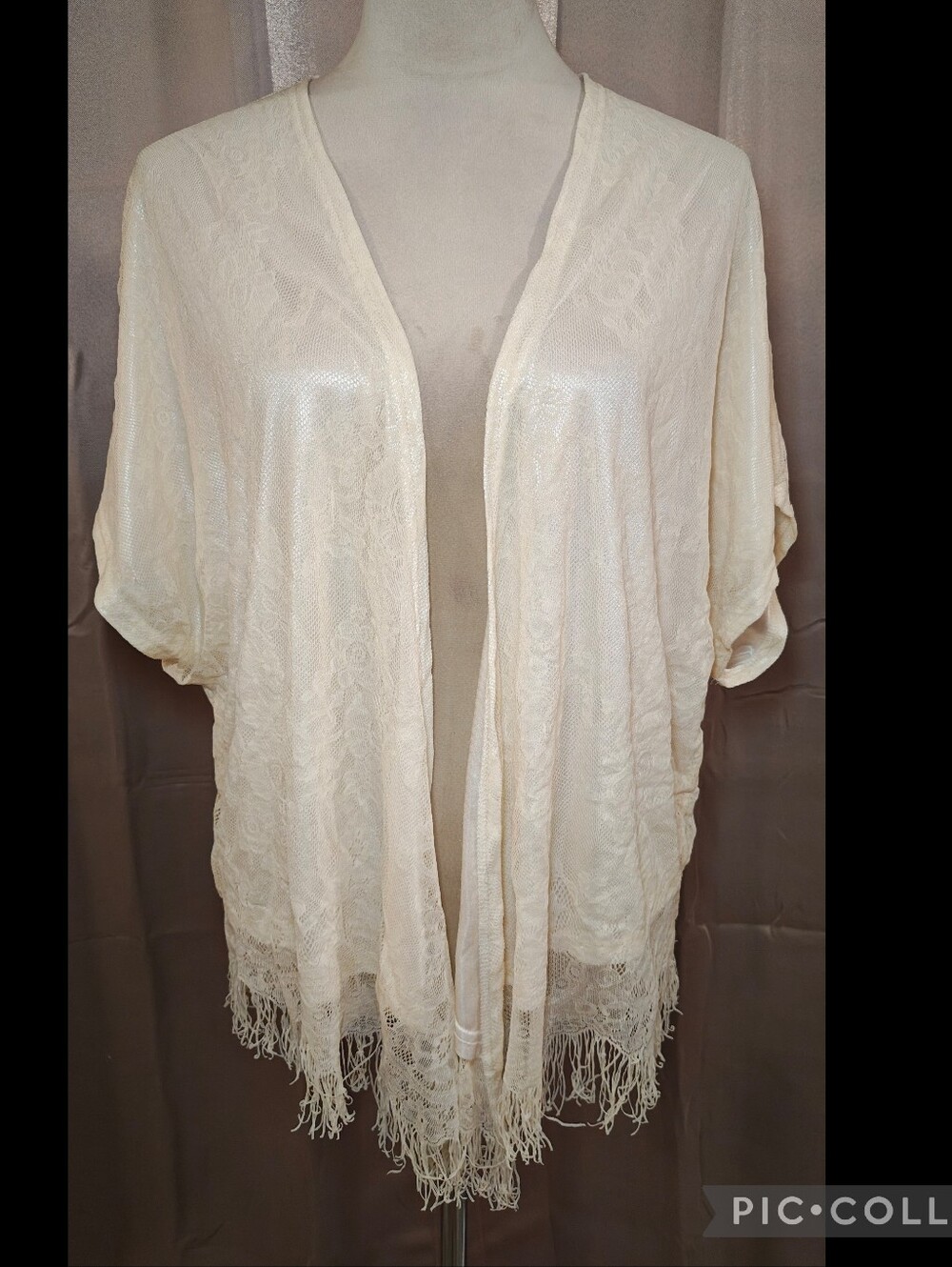 💎Y2K LUSH Cream Satin Open Front Floral Kimono Cardigan w Fringe💎